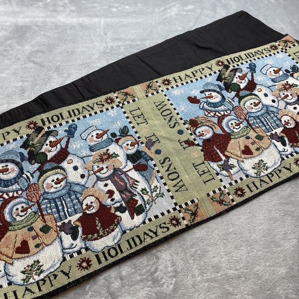 Christmas Holiday Tapestry Table Runner‎ Let it Snow Snowmen Block Print 67x12.5